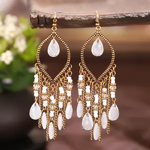 New Antique Gold Plated Long Women's Vintage Water Drops Earrings Pearl Crystal Bohemian Tassel Earrings For Women