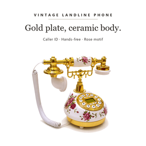 Téléphone fixe filaire vintage antique en céramique blanche avec motif de roses et cadran rotatif doré - Product Image 2