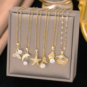 <span class=keywords><strong>Collana</strong></span> Estiva con Animali Marini, Ciondolo a Conchiglia Impermeabile per Donne, Gioielli in Acciaio Inossidabile Placcato Oro 18K - Product Image 1