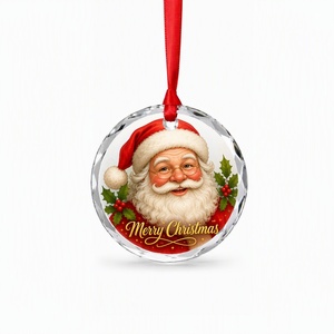 Ornamen Natal Santa Claus dari Kaca Kristal 8cm, Bentuk Bulat, Gantungan dengan Pita Merah, Cetak Kustom, Hadiah Liburan - Product Image 3