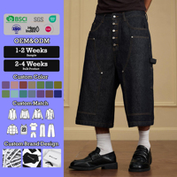Shorts en jean YSJY OEM personnalisés style vintage Y2K avec surpiqûres contrastées, fermeture boutonnée, double genouillère et coupe large pour homme