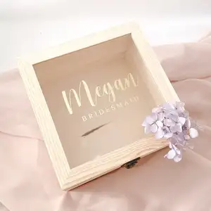 Personalized 20*20*11CM Shadow Keepsake Glass Acrylic Lid Packaging Boxes Top Bridesmaid Proposal Gift package Wooden Box