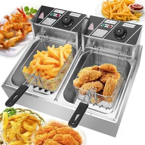 Elektrische Friteuse Met Mandje Deksel 12l Roestvrij Staal 2 Tank Frituur Machine Kip Kalkoen Chips Friteuse