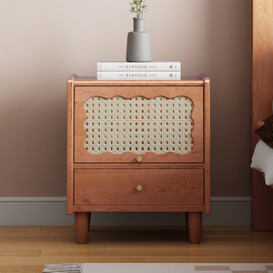 Mesita de Noche Minimalista de Madera Maciza y Ratán, Estilo Escandinavo, con Almacenamiento, Muebles para Dormitorio - Product Image 1