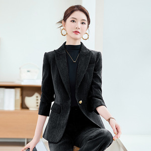 Women's Velvet Blazer Two-Piece Suit Set Black And Red Anti-Wrinkle Commute Professional Outfit - Product Image 3
