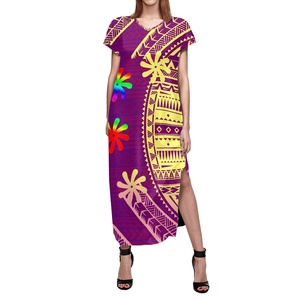 Factory <span class=keywords><strong>Outlet</strong></span> Mujer Maxi Vestido Polinesio Samoan Tribal Suave Cómodo Vestido de manga corta con cuello en V Slit 1 MOQ Natural - Product Image 3
