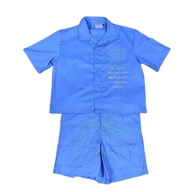 short sleeve button up t shirt and shorts custom reflective thread applique polo shirt lapel collar men blue polo t shirt set
