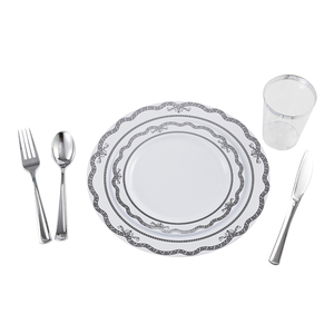 Assiettes jetables en plastique écologiques à rayures argentées, 60 pièces de 7,5 pouces et 60 pièces de 10,25 pouces, style classique pour les fêtes - Product Image 4