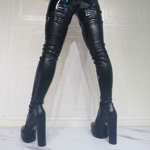 Bottes hautes personnalisées en cuir PU extensible grande taille 47, à plateforme, au-dessus du genou, pour femme, avec boucle et fermeture éclair latérale - Product Image 5