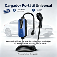 Chargeur EV portable 32A 110V 240V Type 2 Amérique Latine GBT EVSE BYD Dolphin NEMA 14 50 Type N Prise en option pour usage domestique