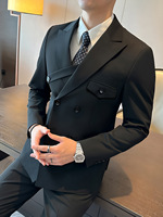 Blazer Homme Croisé à Double Boutonnage avec Bretelles Personnalisables, Veste de Costume Formelle à Revers Pointus Unique pour Mariage et Soirée d'Affaires