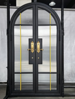 Elegante Puerta Doble de Entrada de Hierro Forjado con Arco, Manijas Doradas, Diseño Moderno para Villa, Exterior Antirrobo, Galvanizada