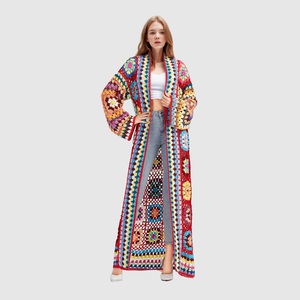 D1209TD72 Casual Long Sleeve Colorful Floral Crochet <b>Maxi</b> Sweater <b>Cardigan</b> for Women Fashion - Product Image 1