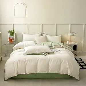 High-end green comforter 100%cotton king size white jacquard duvet cover soft 4 piece bedding set supplier
