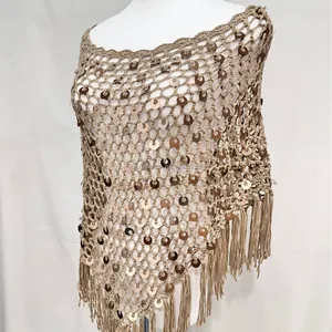 Poncho de plage pour femme en crochet à sequins kaki, style bohème, en maille transparente ajourée avec franges et pompons - Product Image 4