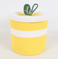 Panier de rangement en corde de coton en gros avec couvercle, bac de rangement rond pour jouets d'enfants, organisateur tressé jaune et blanc pour chambre d'enfant et chambre à coucher