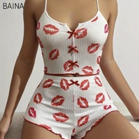 Ensemble de pyjamas pour femmes taille élastique ensemble de vêtements de nuit en forme de coeur imprimé sans manches Shorts doux vêtements de maison pour l'été et l'automne
