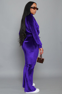 时尚天鹅绒夹克和喇叭裤两件套女性定制天鹅绒慢跑者运动服两件套套装 - Product Image 3