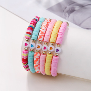 <b>Beaded</b> <b>Bracelet</b> Set 6Pcs Colorful Polymer Clay Heart Women Gift Fashion Jewelry - Product Image 1