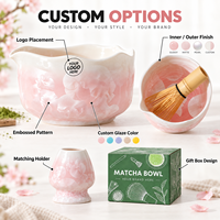 En stock OEM Bol à matcha rose en céramique japonaise fait main avec glaçure cristalline naturelle de fleurs, pour kit de thé matcha