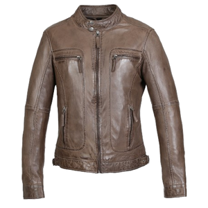 Custom Men Vintage Brown Genuine Leather Jacket Cafe Racer Biker Stand Collar Slim Fit Coat - Product Image 2