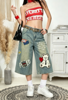 Jean vintage délavé pour femme, coupe large, avec patch ours mignon et imprimé lettres, pantalon capri en denim 7/8