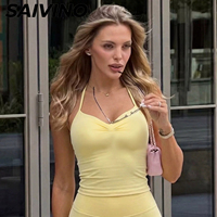 Ensemble de yoga professionnel moulant à col halter et décolleté en V, respirant, très élastique, en Spandex/Nylon, avec coussinets intégrés