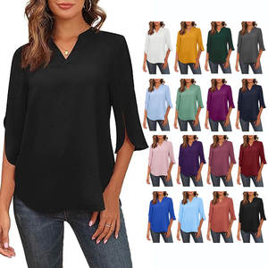 <span class=keywords><strong>Blusa</strong></span> de gasa de moda de verano informal elegante para mujer Tops de talla grande Diseño de logotipo frontal Camisa de señora - Product Image 5
