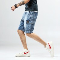 Nouveauté été 2020 Short droit taille mi-haute grande taille pour homme, décontracté et tendance, multi-poches, en denim nylon/coton délavé moyen