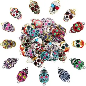 Sugar Skull Charms Day of The Dead Charms Gold Plated Flower Enamel Pendants Alloy Colorful Skull Charms for DIY Accessories