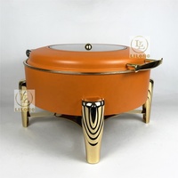 Plat à chafing rond en acier inoxydable de 6 L, finition peinture orange et pieds plaqués or, chauffe-plats de buffet avec couvercle en verre visible pour banquets d'hôtel