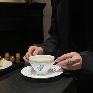 ชุดถ้วยน้ำชาและจานรองยามบ่ายเซรามิกสีฟ้าสไตล์วินเทจถ้วยกาแฟลาเต้และจานรอง - Product Image 4