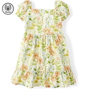 <span class=keywords><strong>Abito</strong></span> da <span class=keywords><strong>bambina</strong></span> a manica corta stampa floreale con scollo rotondo elasticizzato con collo quadrato drappeggiato a cerniera per l'estate - Product Image 3