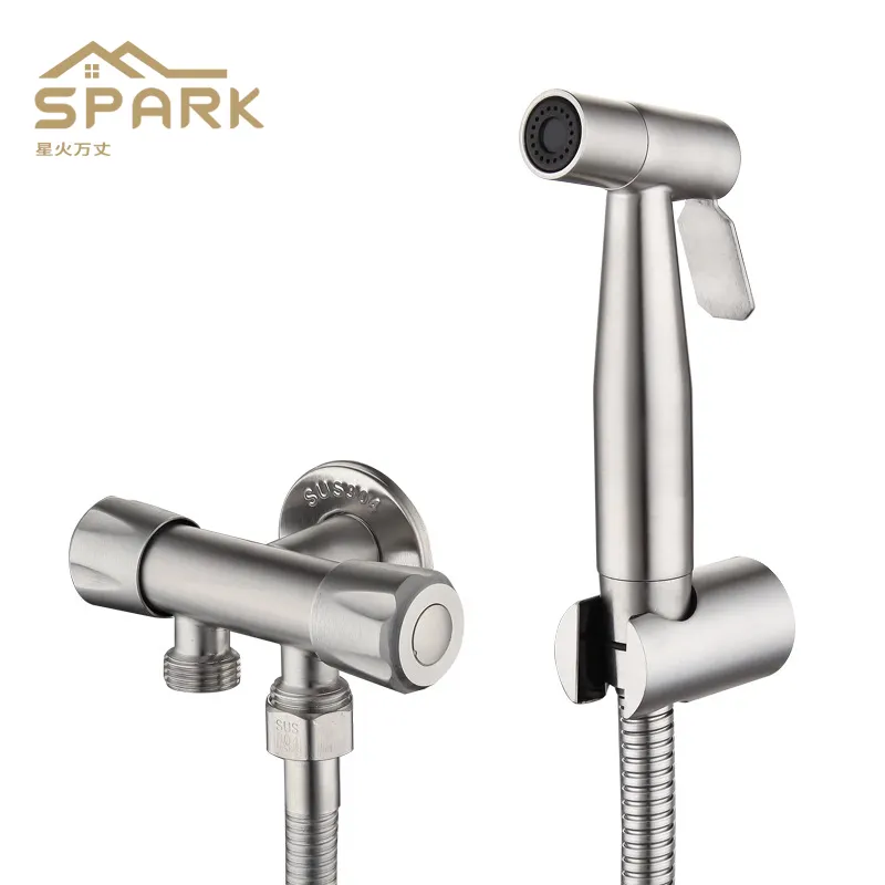 Semprotan Genggam Nikel Stainless Steel 304, Set Toilet Bidet Shattaf dengan Katup T untuk Wanita