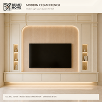 Meuble TV moderne en bois massif de style français, unité murale intégrée avec panneau en chêne clair, étagères de rangement et de présentation couleur ivoire, OEM ODM