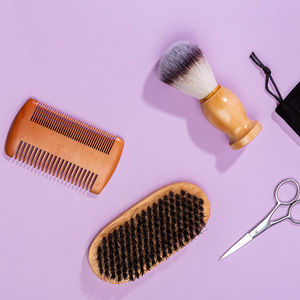 Ensemble de soins pour barbe Wanmei, peigne en bois, brosse à raser, ciseaux, couleur naturelle, kit 4 pièces pour homme - Product Image 1