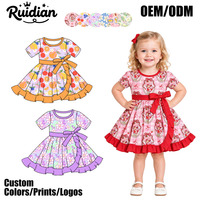Robe de fête pour bébé fille à manches courtes, imprimé dessin animé personnalisé, en viscose de bambou tricotée, avec ourlet à volants et nœud à nouer à la taille