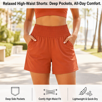 Pantalones Cortos Deportivos Casuales para Mujer OEM, Cintura Alta, Elásticos, Holgados, con Bolsillos Laterales, Color Rojo Óxido, Ropa Deportiva, Fabricante Mayorista
