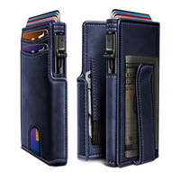 Dompet Kartu Kulit Asli Vintage Pria dengan RFID Blocking, Tempat Kartu Kredit Logam Otomatis Minimalis Tipis