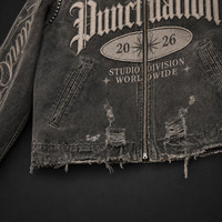 Veste en jean OEM personnalisée de haute qualité, style streetwear, coupe ample et épaisse, effet vintage délavé, zippée, avec broderie de patchs usés