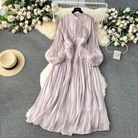 Robe longue décontractée pour femme, élégante, rouge, à col montant, manches lanternes, taille plissée, coupe trapèze, pour les fêtes, les vacances et le quotidien