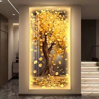 Art mural LED de luxe Arbre de Vie doré, imprimé sur toile orné de diamants, décoration de salon, style islamique moderne