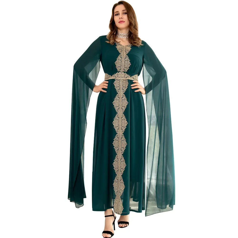 Nova moda europeia e americana com mangas de renda chiffon, roupas para mulheres muçulmanas do Oriente Médio, com mangas de morcego árabe Dubai