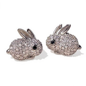 Boucles d'oreilles clous en or blanc E3370, motif lapin, micro-incrustation de strass en cristal, design animal mignon, unisexe, pour usage quotidien - Product Image 1