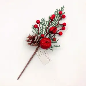 Pinho de cone para árvore de natal, enfeite de decoração para porta frontal para árvore de natal, flor de morango vermelha