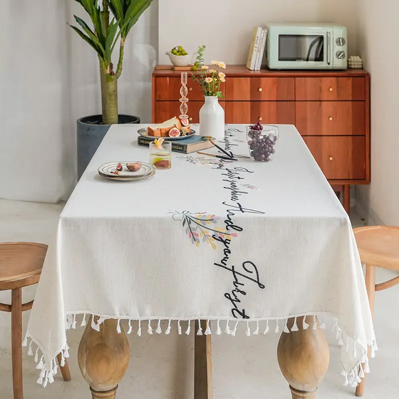Taplak Meja Linen Panjang untuk Dekorasi Rumah, Taplak Meja Seni Bordir Persegi Panjang Modern