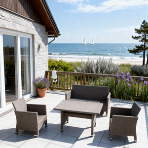 Juego de patio de mimbre personalizable, 2 sillas, 1 sofá y mesa, resistente a la intemperie para balcón, resort costero, servicio personalizado al aire libre - Product Image 1