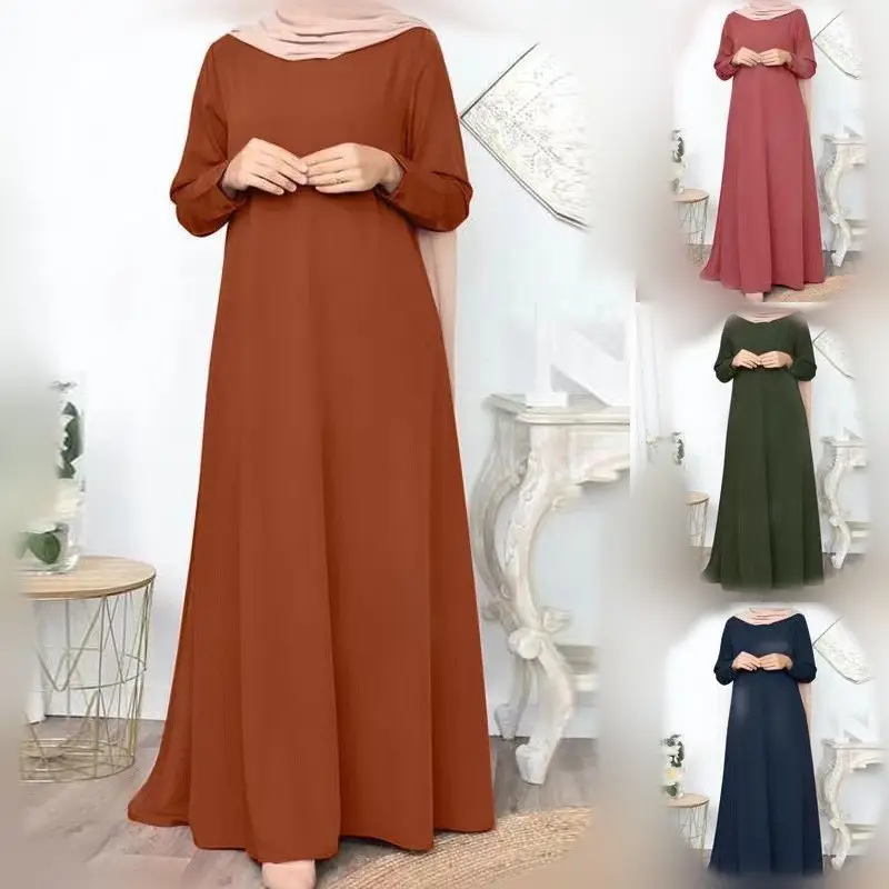 Gaun panjang Hijab Muslim, busana pesta elegan wanita, Gaun Lengan penuh warna polos, jubah Maxi Vintage leher O