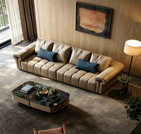 Canapé d'angle en bois massif sculpté de luxe américain, garni de cuir de vachette véritable et d'éponge, ensemble combiné 1+2+3 places pour villa