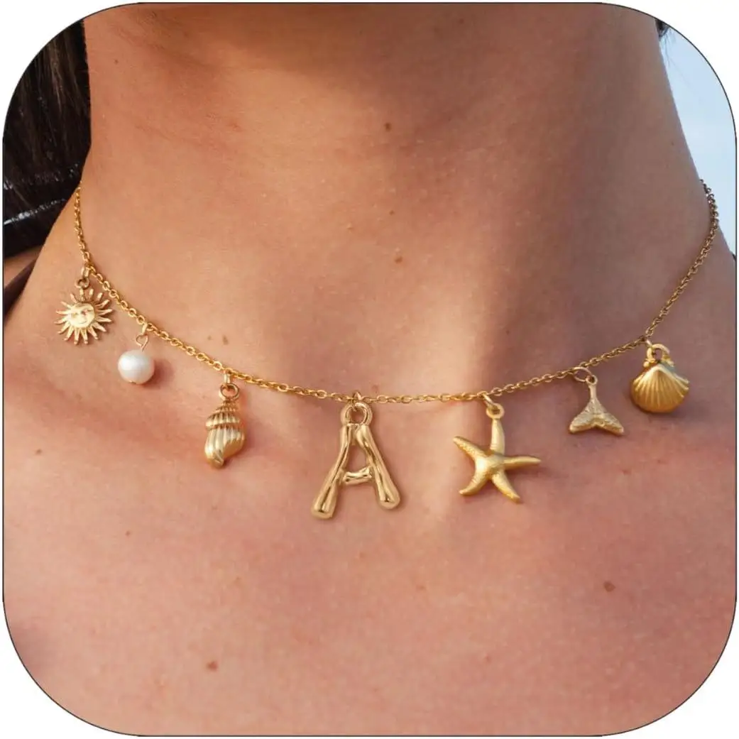 Gold Initial Necklace A-Z Charm Neckchain Fashion Ocean Shell Pearl Letter Combination Name Necklace
